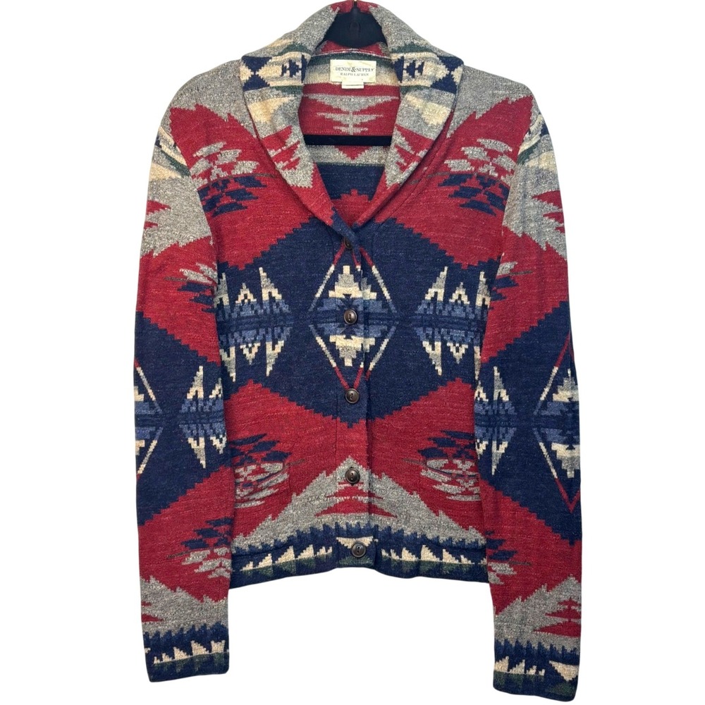 Denim & Supply Ralph Lauren Cardigan Women L Southwestern Aztec Western Blue Red